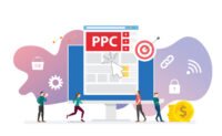 ppc pay per click technology advertising or advertisement concept with team people and clicks icon modern flat style - vector illustration